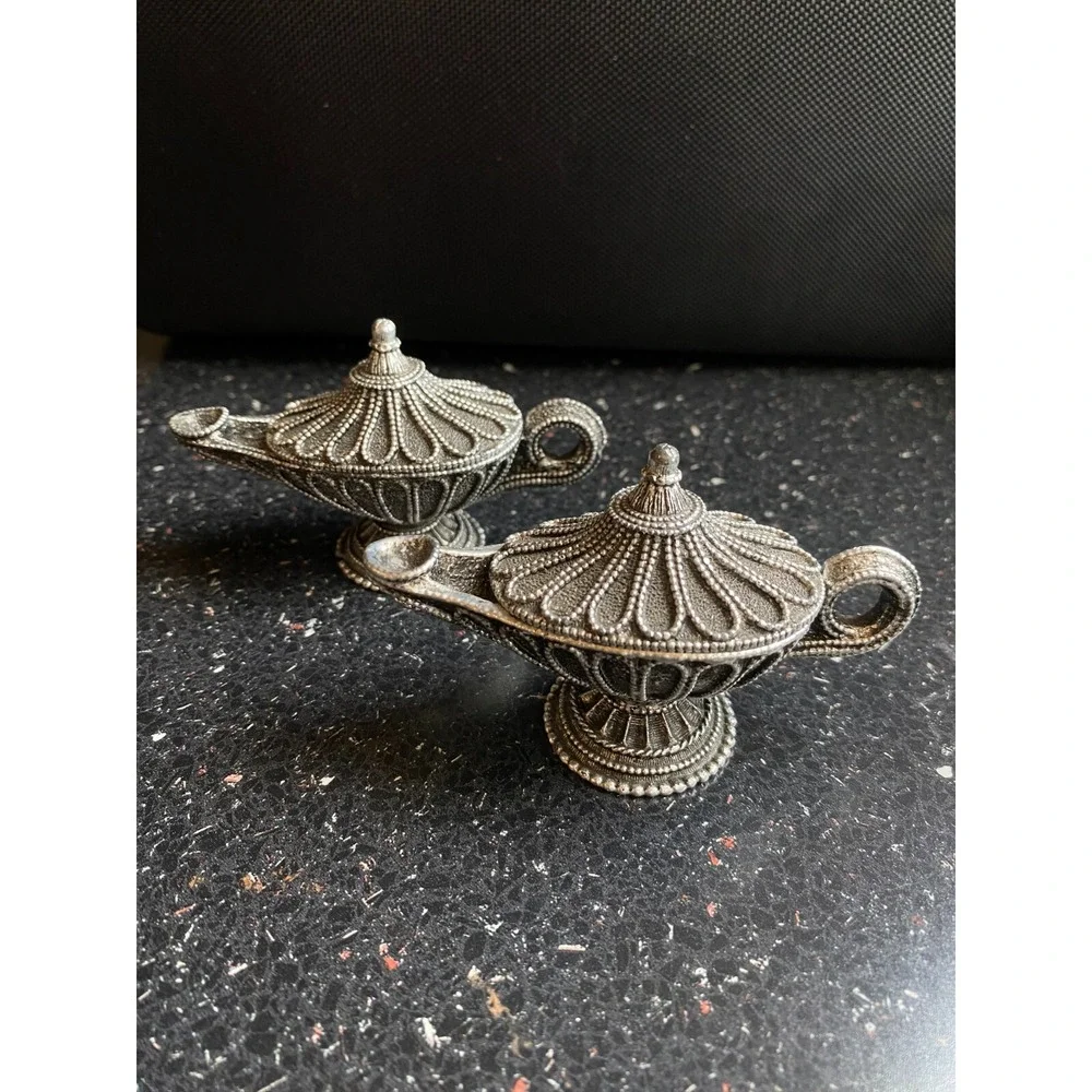 Vintage Florenza Aladdin Genie Lamp Trinket Ring Pill Box Set of 2 Silver Tone